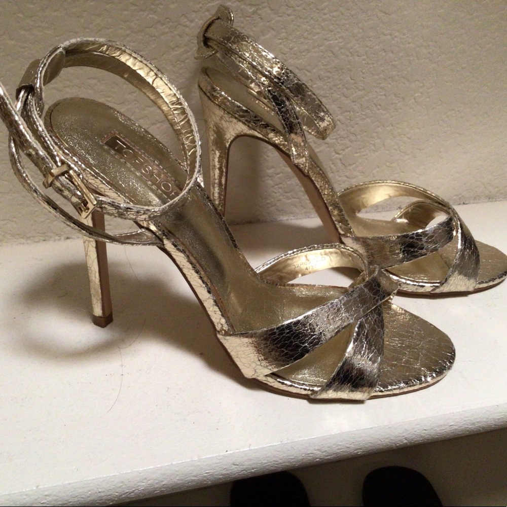 Topshop gold ankle strap open toe heel.